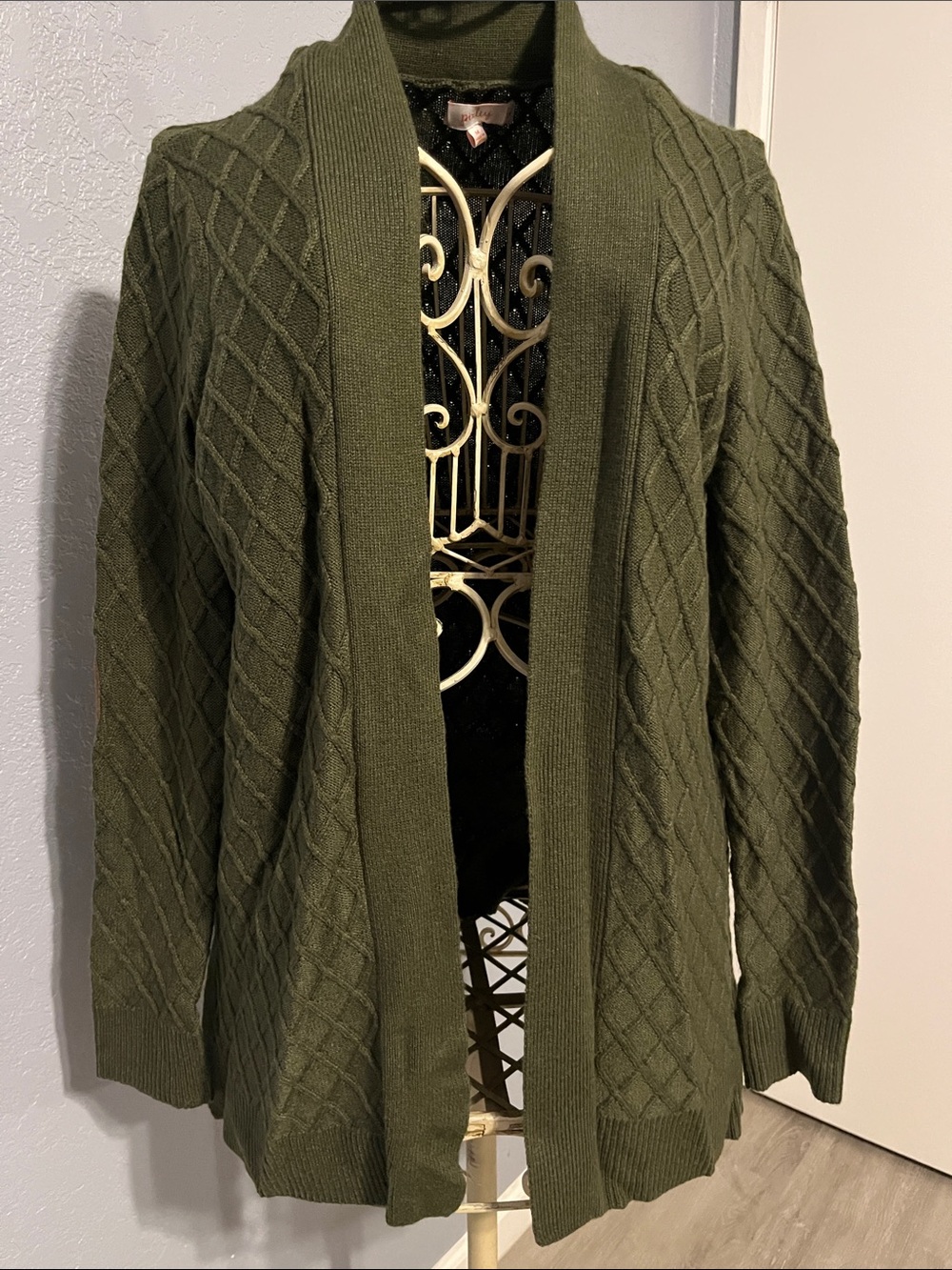 Pixley Olive Green Cable-Knit Open Front Cardigan